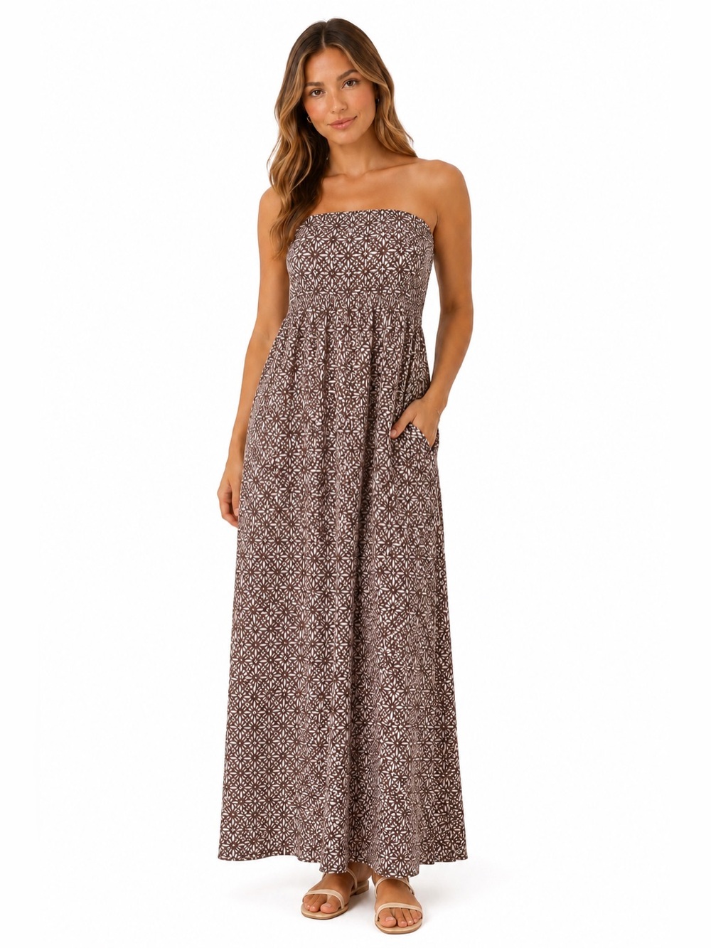 Cotton Modal Blend Brown Printed Maxi Dress